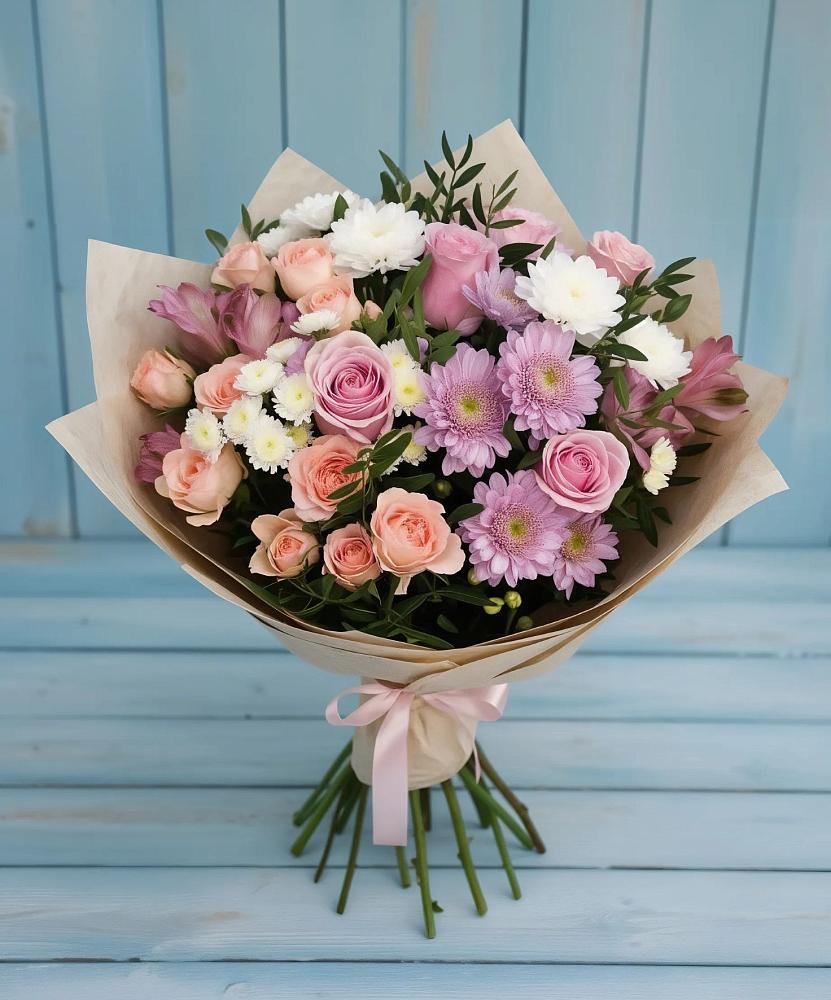 Букет цветов из: Хризантемы, Розы и Альстромерии в Ситне-Щелканово