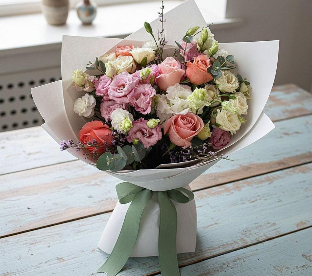 Букет цветов из: Розы, Лизиантусы и Гвоздики в Ситне-Щелканово