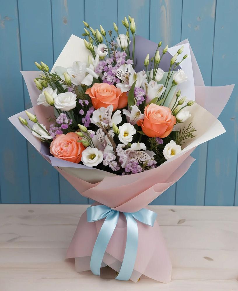 Букет цветов из: Лизиантусы, Розы, Альстромерии и Гипсофила в Ситне-Щелканово