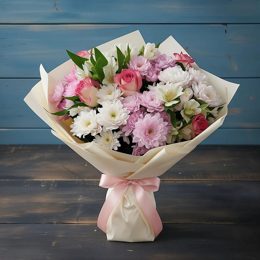 Букет цветов из: Хризантемы, Альстромерии и Розы в Ситне-Щелканово